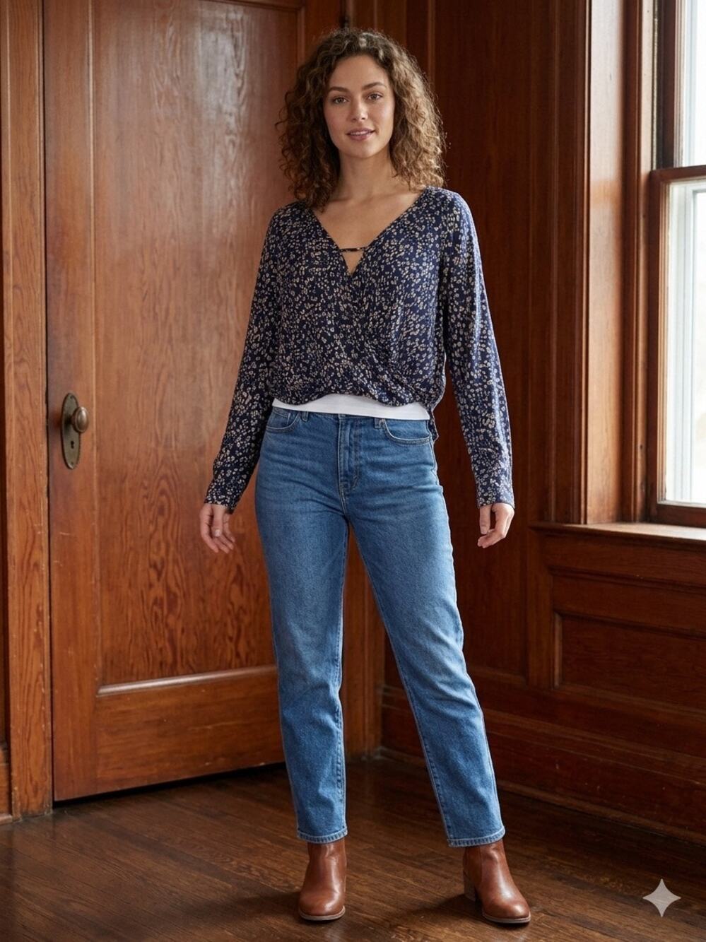 Urban Outfitters Navy Leopard Print Wrap Front Crop Top Blouse Rayon Boho M